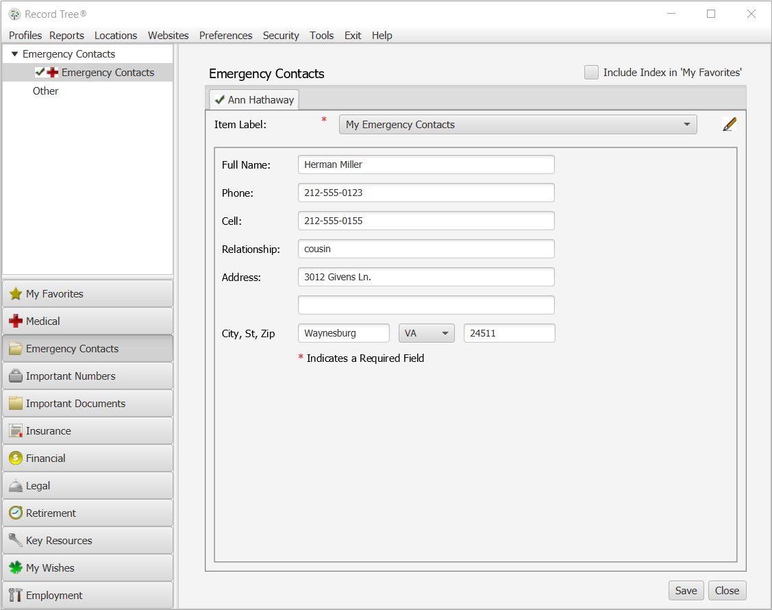 Emergency Contact Phone Numbers – Software Categories – Record Tree® Software